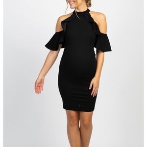 Black Mock Neck Ruffle Trim Mat. Dress